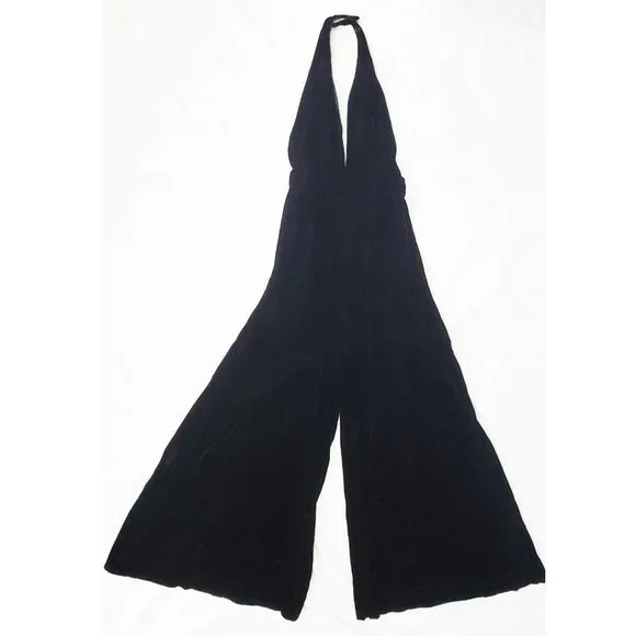 Mindy Malone Womens Rare Vintage 1970s Black Velvet Halter Wide Leg Jumpsuit